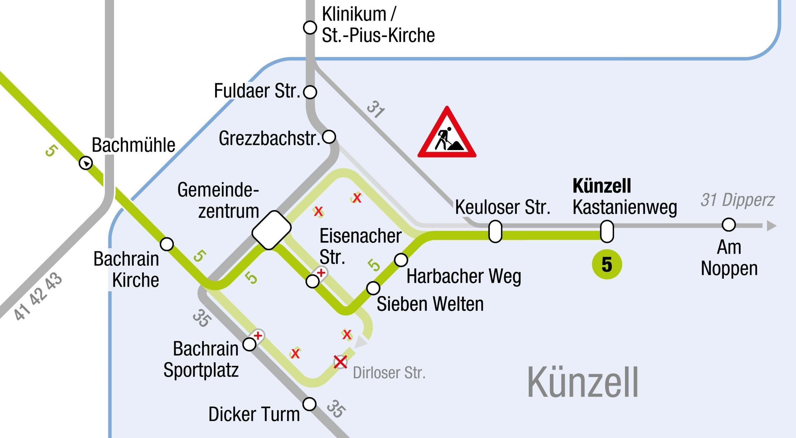 2026-07-16 Ausschnitt Liniennetzplan Stadt Fulda Umleitung Künzell